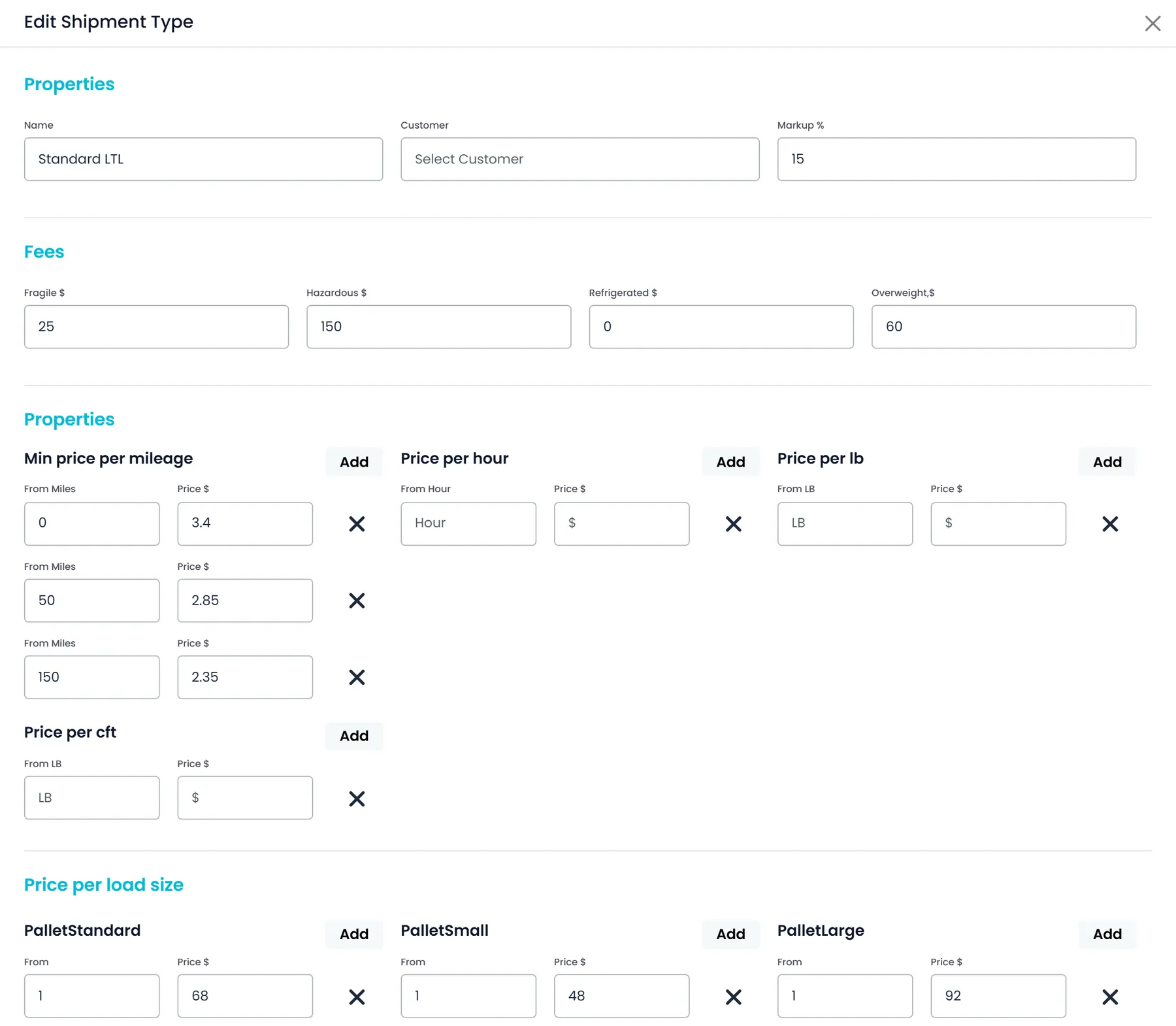 Shipment type rate table in RushHour Settings, with the Test panel and the cost lines it produces