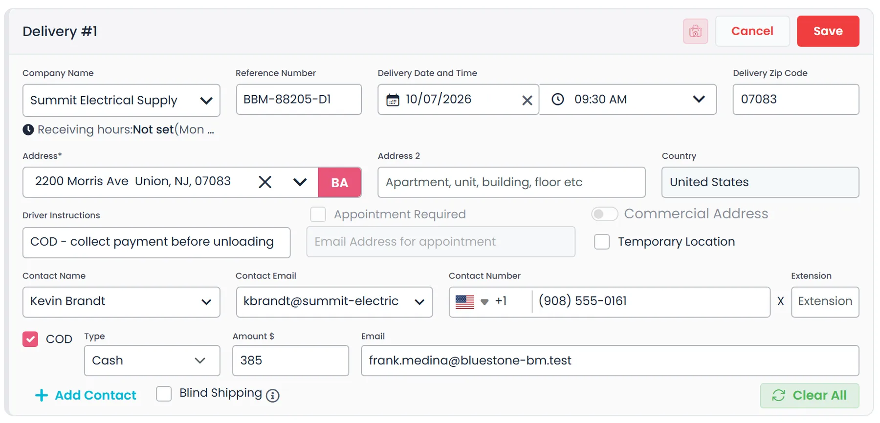 A delivery stop open for editing in the RushHour Company Portal, with COD ticked and its payment type, amount and payment email filled in