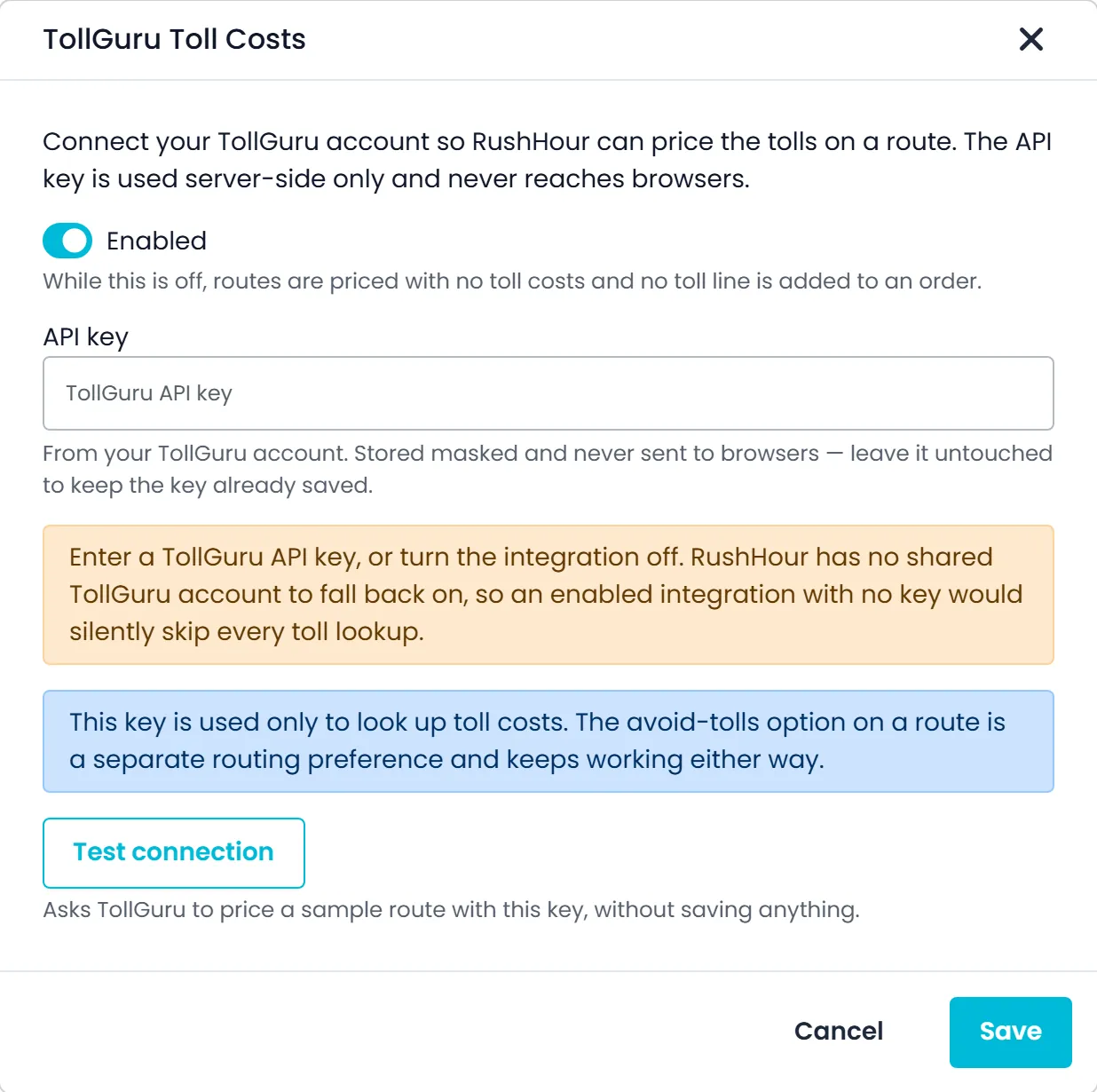 חלון ״עלויות אגרה TollGuru״ עם מתג ״מופעל״, שדה ריק למפתח API וכפתור ״בדוק חיבור״