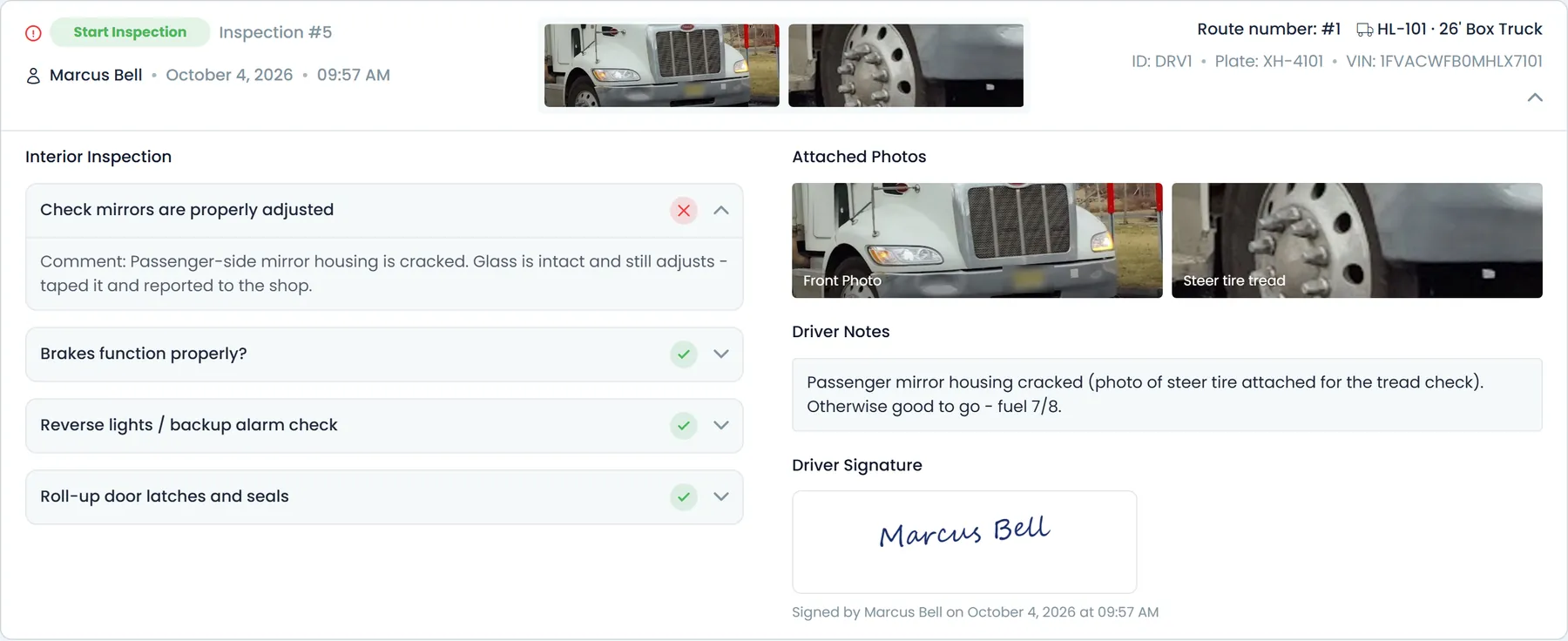 Truck Inspection Logs in the RushHour Company Portal: an inspection with a mirror check marked damaged and the driver's comment, passed checks, front and tire photos, driver notes and the driver's signature