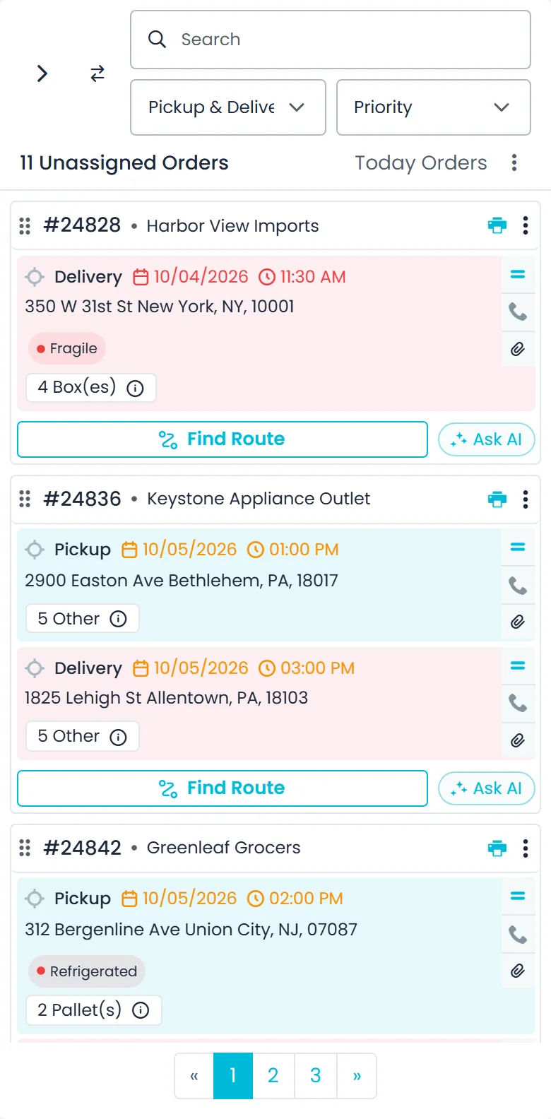 Order cards in the Unassigned panel, each with the Find Route and Ask AI buttons, under the search box and the stop type filter