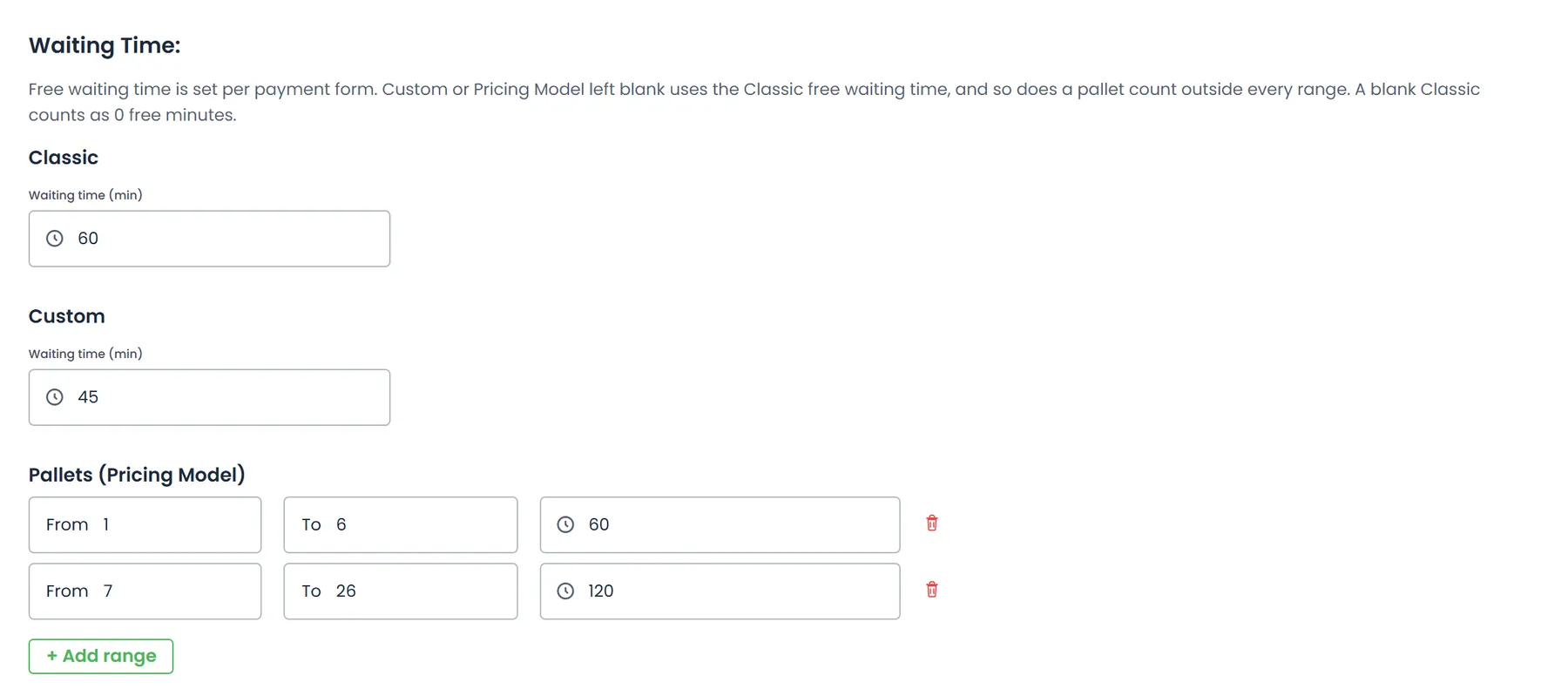 Settings → Billing → Waiting Time with 60 free minutes for Classic, 45 for Custom, and two Pallets (Pricing Model) ranges at 60 and 120 minutes