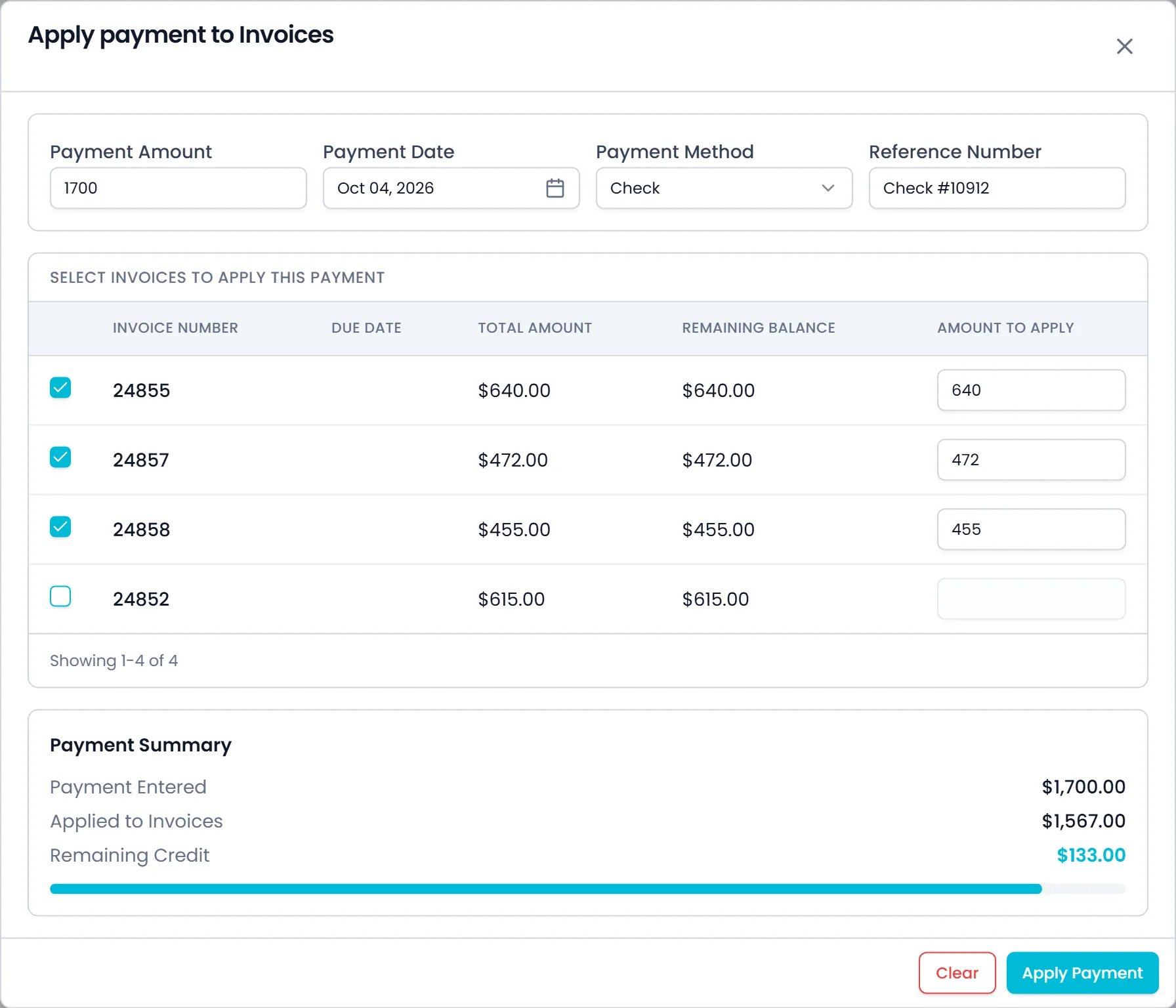 Customer Portal Apply payment to Invoices dialog: one payment spread over three open invoices, with the amount applied and the amount remaining