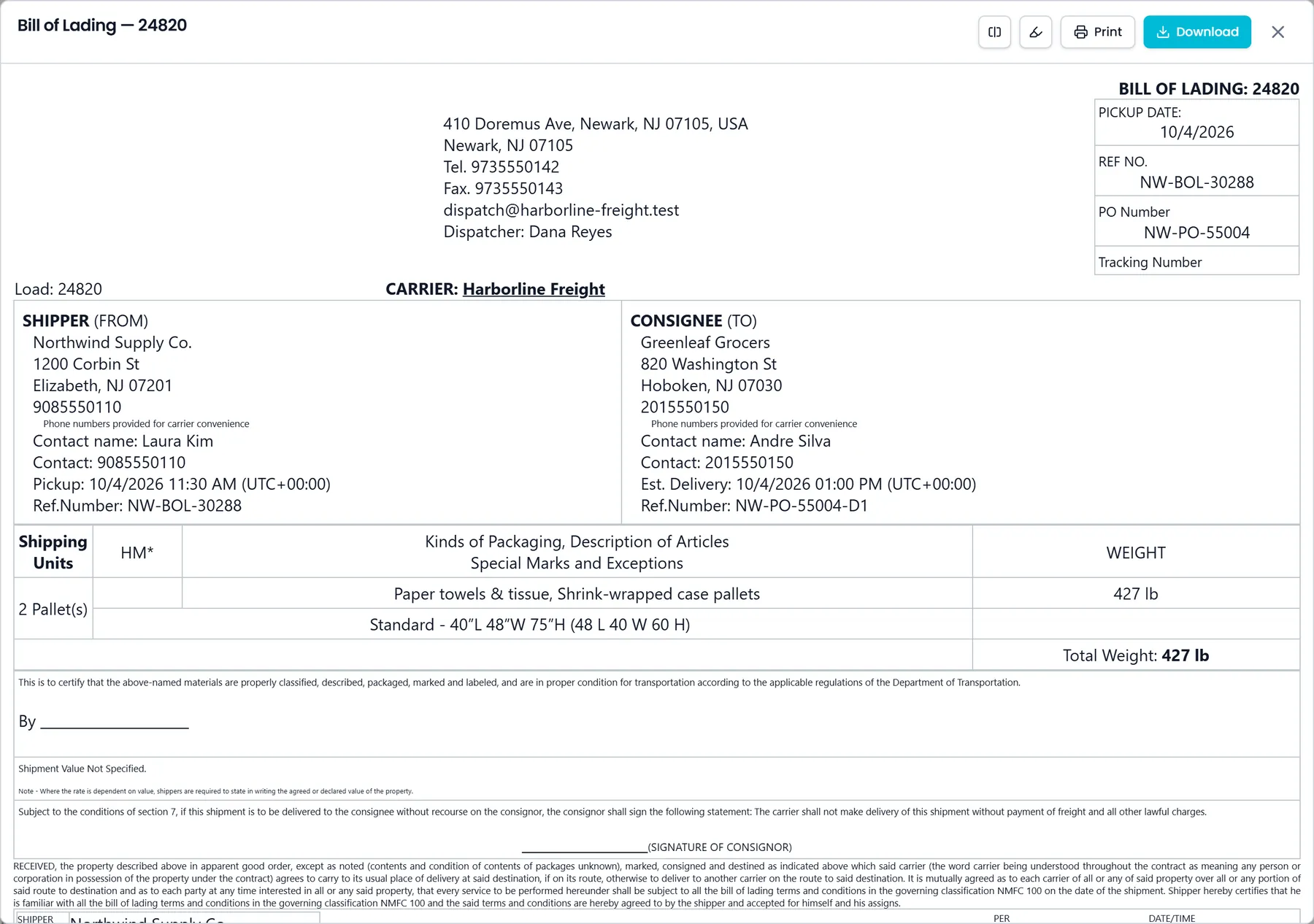 A bill of lading preview in the RushHour Customer Portal, with the split-items-per-stop and highlight options and the Print and Download buttons