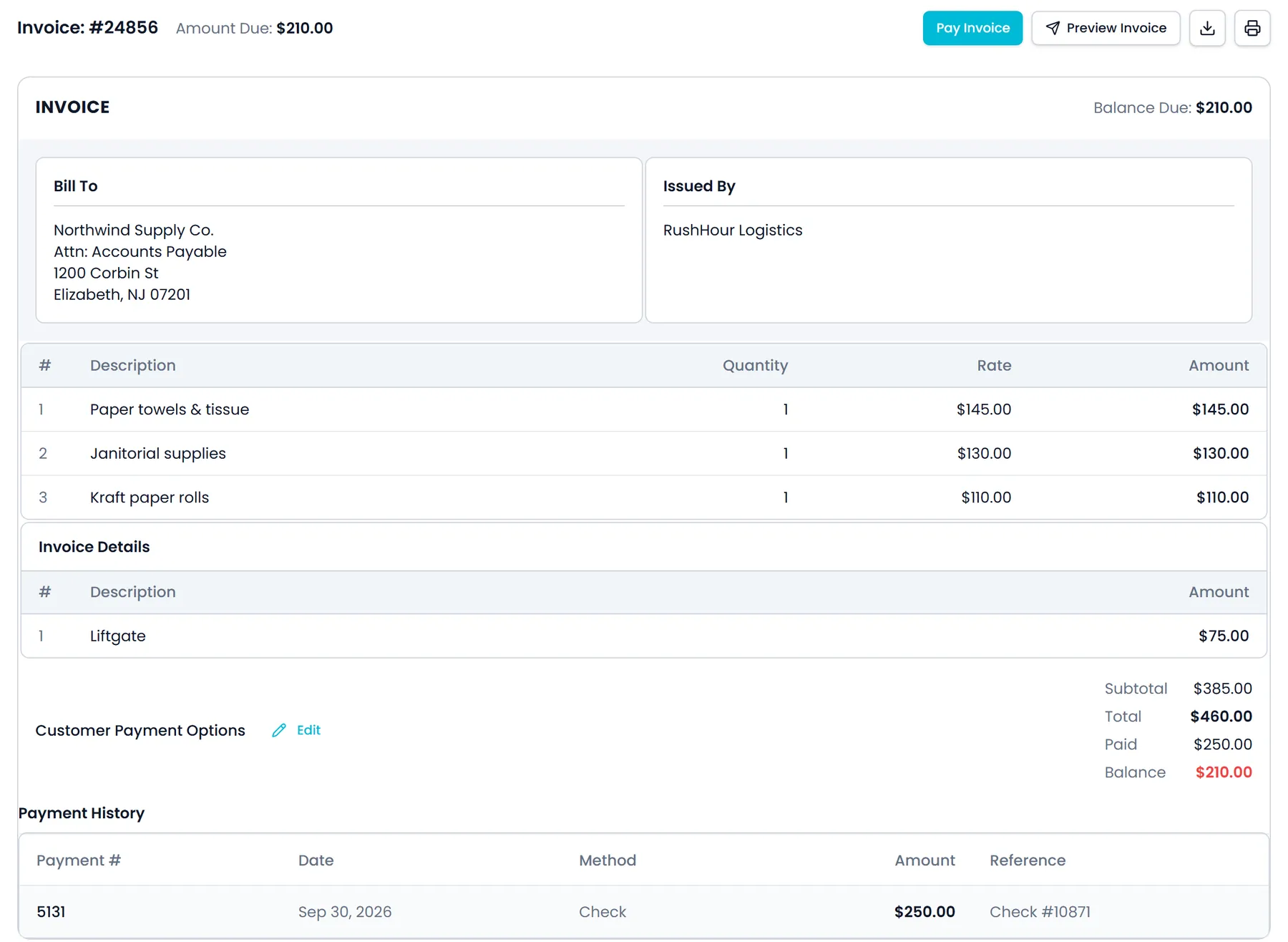 An open invoice in the Customer Portal with the amount due, Preview Invoice and print buttons, line items, totals and a check payment in the payment history