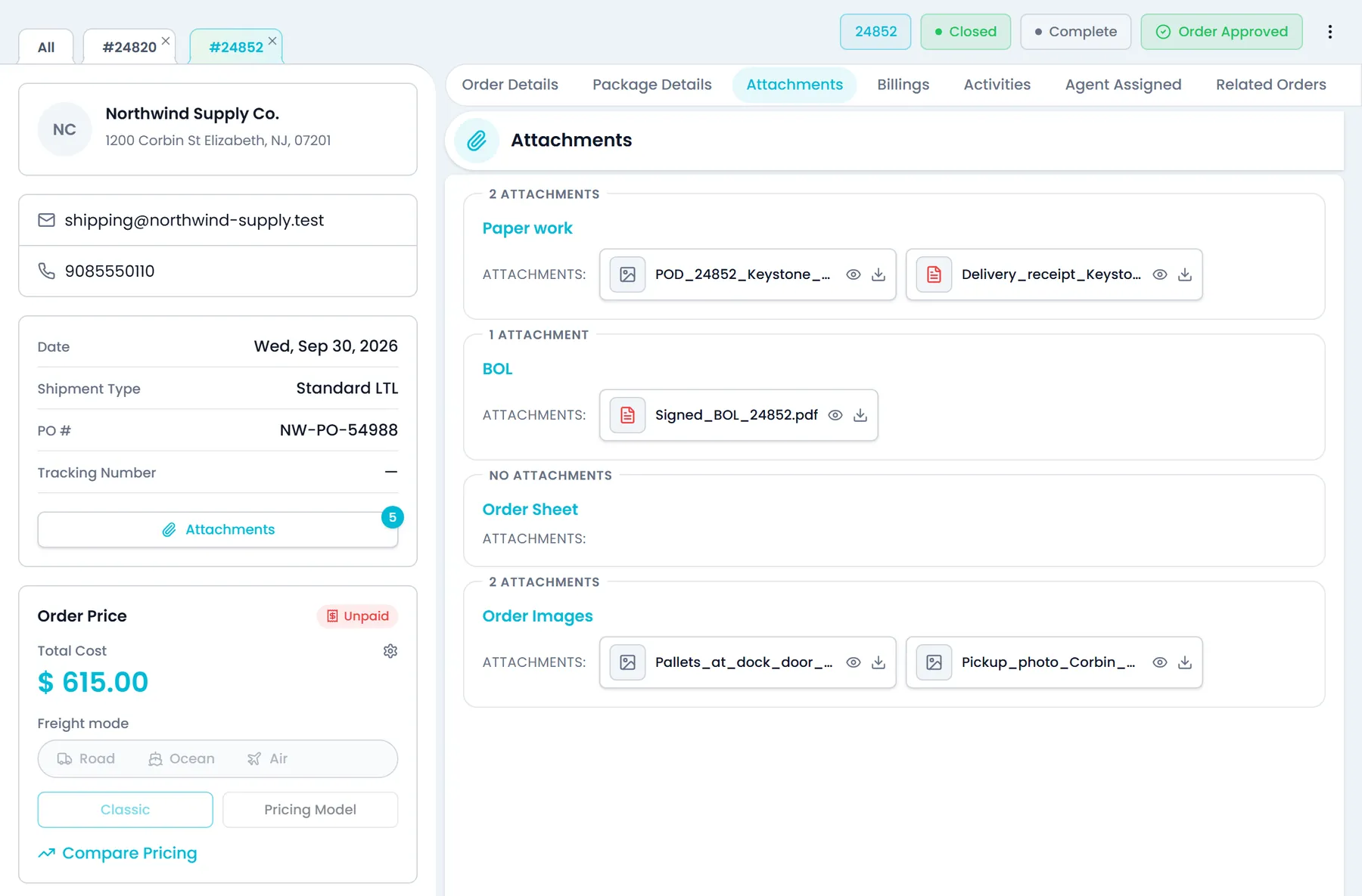 Attachments tab of an order in the RushHour Customer Portal, with the paperwork, BOL and images attached to the order ready to preview and download