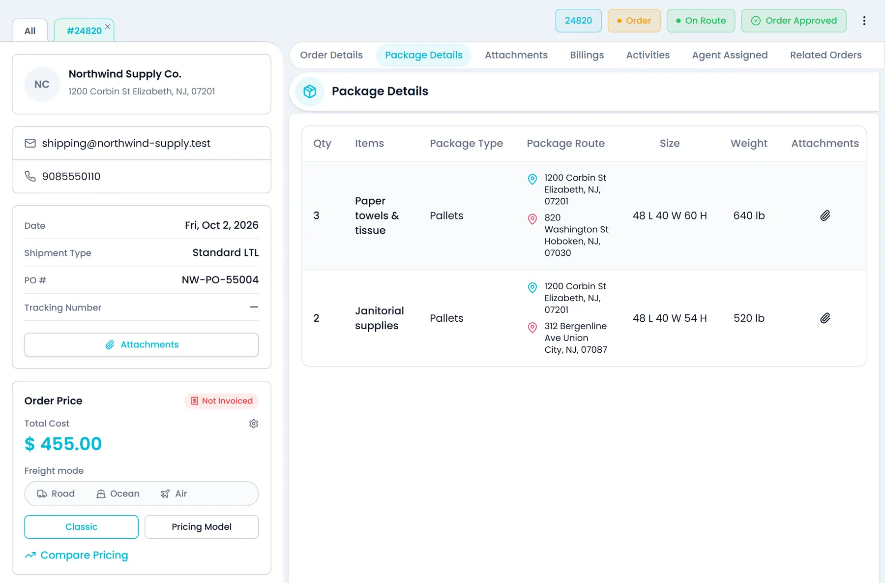 Customer Portal order on the Package Details tab, with the summary panel, the tab strip and the Order Approved badge