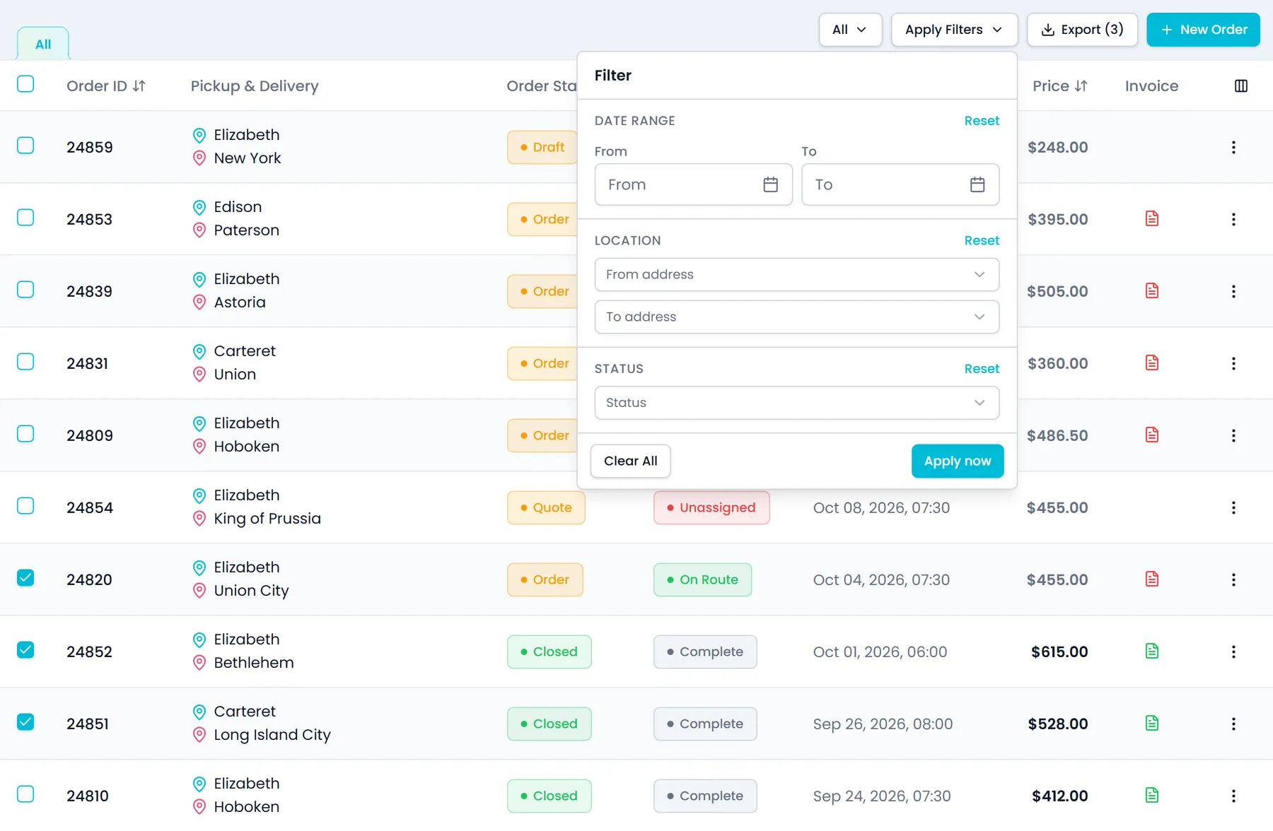 Customer Portal orders list with filters, chosen columns and ticked rows ready to export to Excel