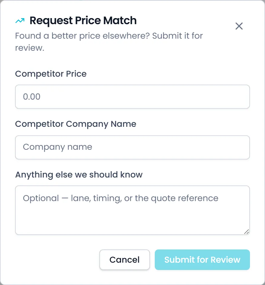 Request Price Match dialog with the competitor price, the competitor company name and a note field