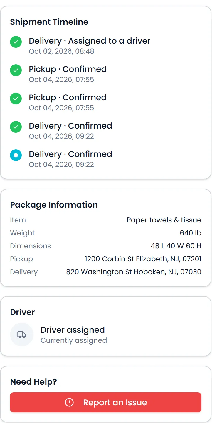Track Live in the Customer Portal: a package's shipment timeline, its package information, the driver status card and the Report an Issue button