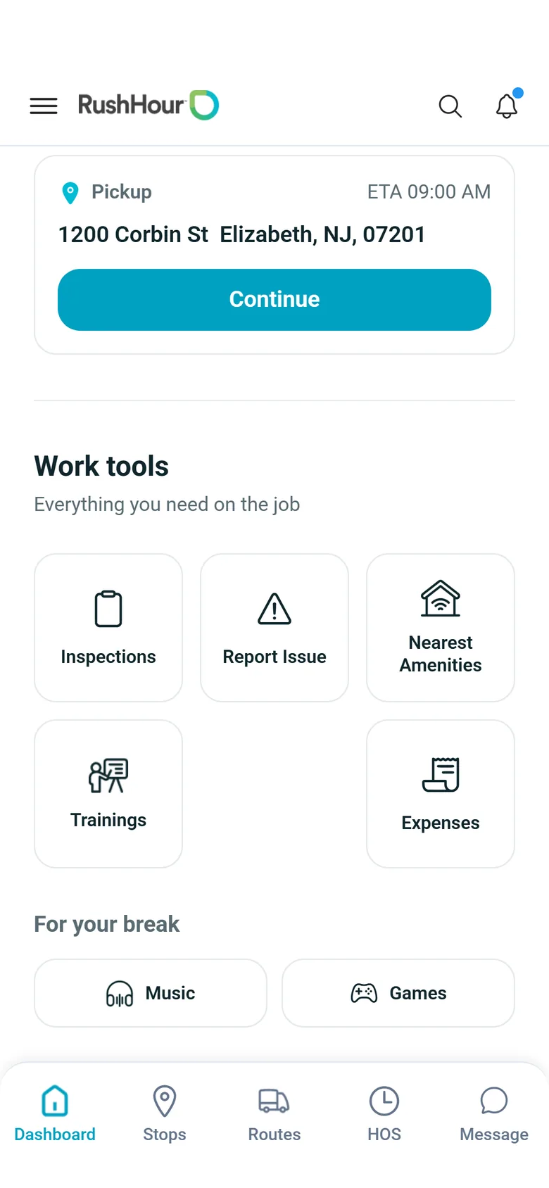 Work tools on the RushHour driver app Dashboard: Inspections, Report Issue, Nearest Amenities, Trainings and Expenses
