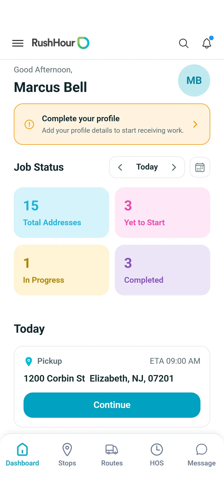 Driver app dashboard with Job Status tiles for total addresses, yet to start, in progress and completed, and the next pickup with a Continue button