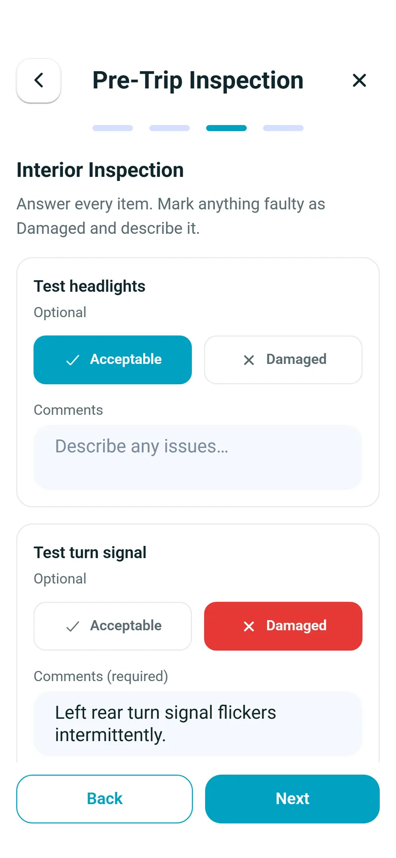 RushHour driver app pre-trip inspection: headlights marked Acceptable and the turn signal marked Damaged, with the required comment