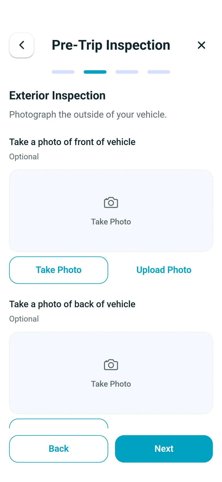 Step 2 of a pre-trip inspection in the RushHour driver app: slots for a photo of the front and the back of the vehicle, with Take Photo and Upload Photo