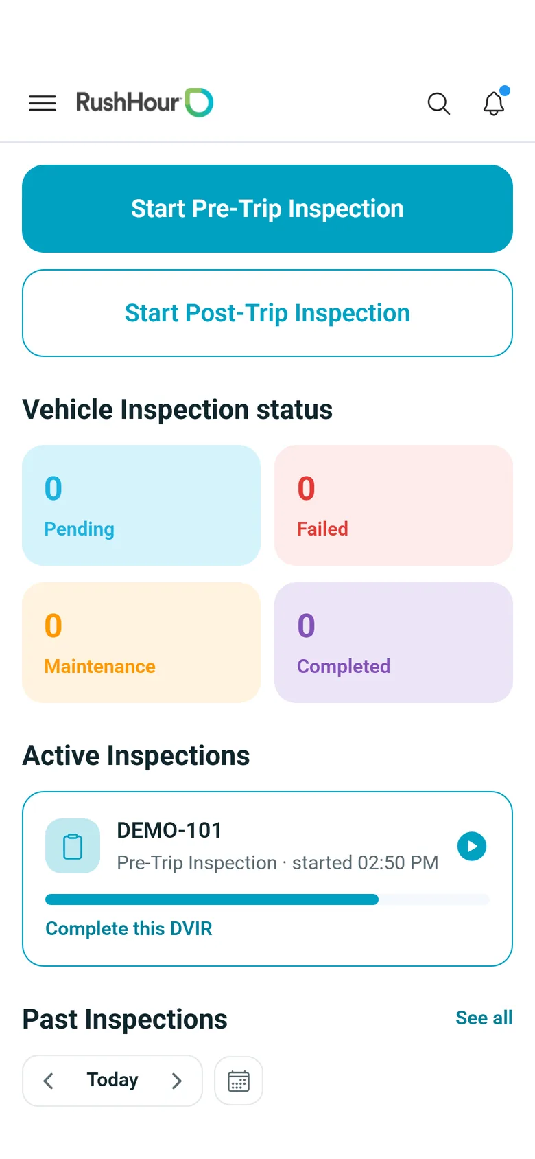 RushHour driver app inspections screen with Start Pre-Trip Inspection and Start Post-Trip Inspection buttons and inspection status tiles