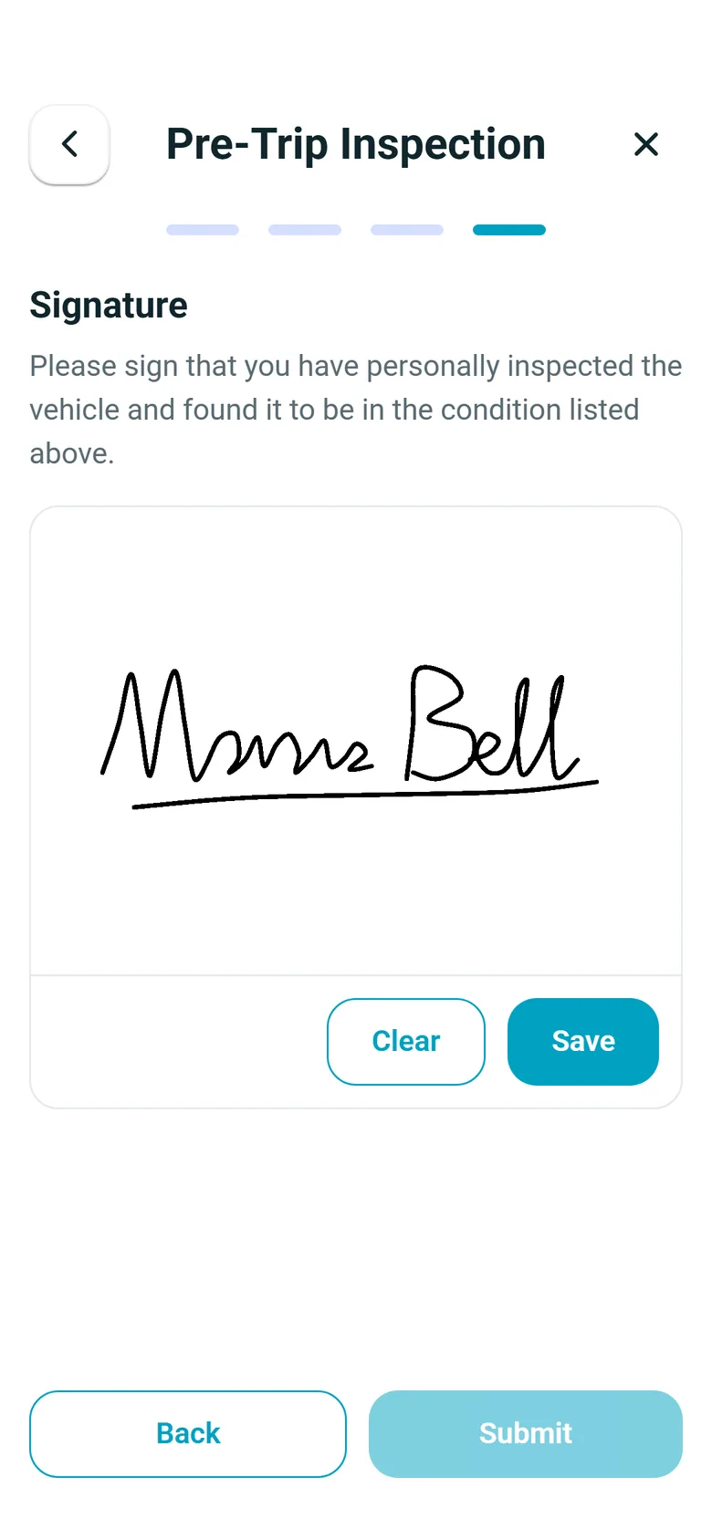 Signature, step 4 of a pre-trip inspection in the RushHour driver app: the driver's signature on the pad under the certification text, with Clear and Save