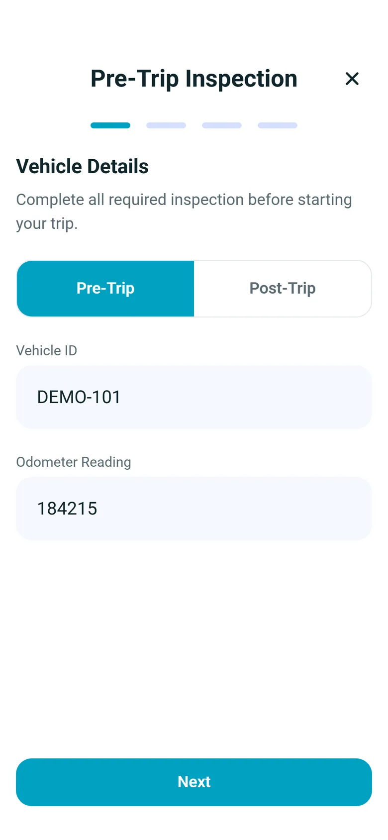 Vehicle Details, step 1 of a pre-trip inspection in the RushHour driver app: Pre-Trip selected, Vehicle ID DEMO-101 and Odometer Reading 184215