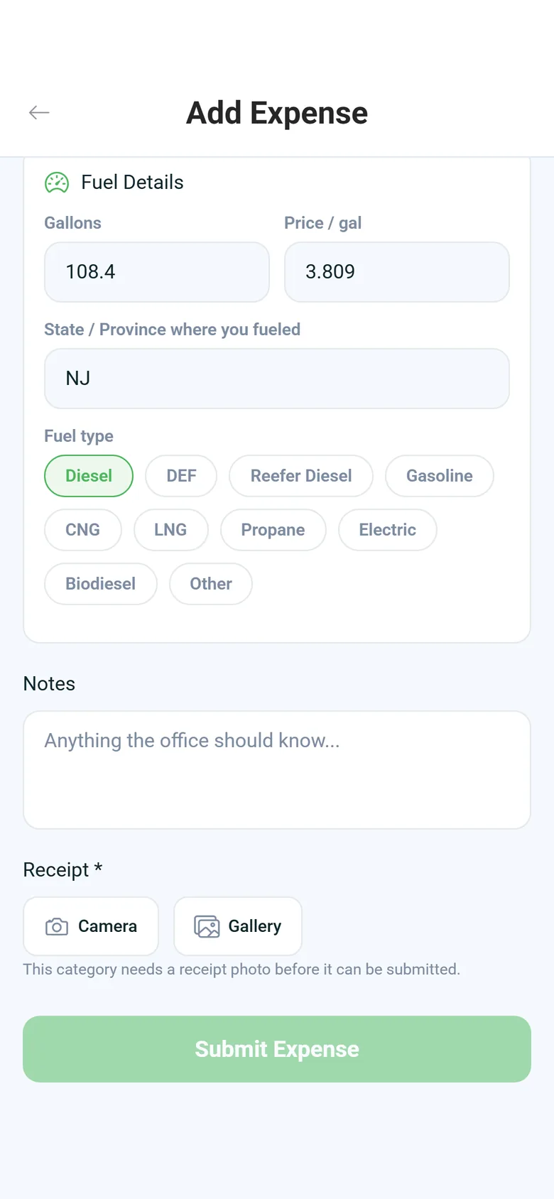 Fuel Details on the Add Expense screen of the RushHour driver app: 108.4 gallons at 3.809 per gallon, state NJ, fuel type Diesel, a notes field and a required receipt photo from the camera or gallery