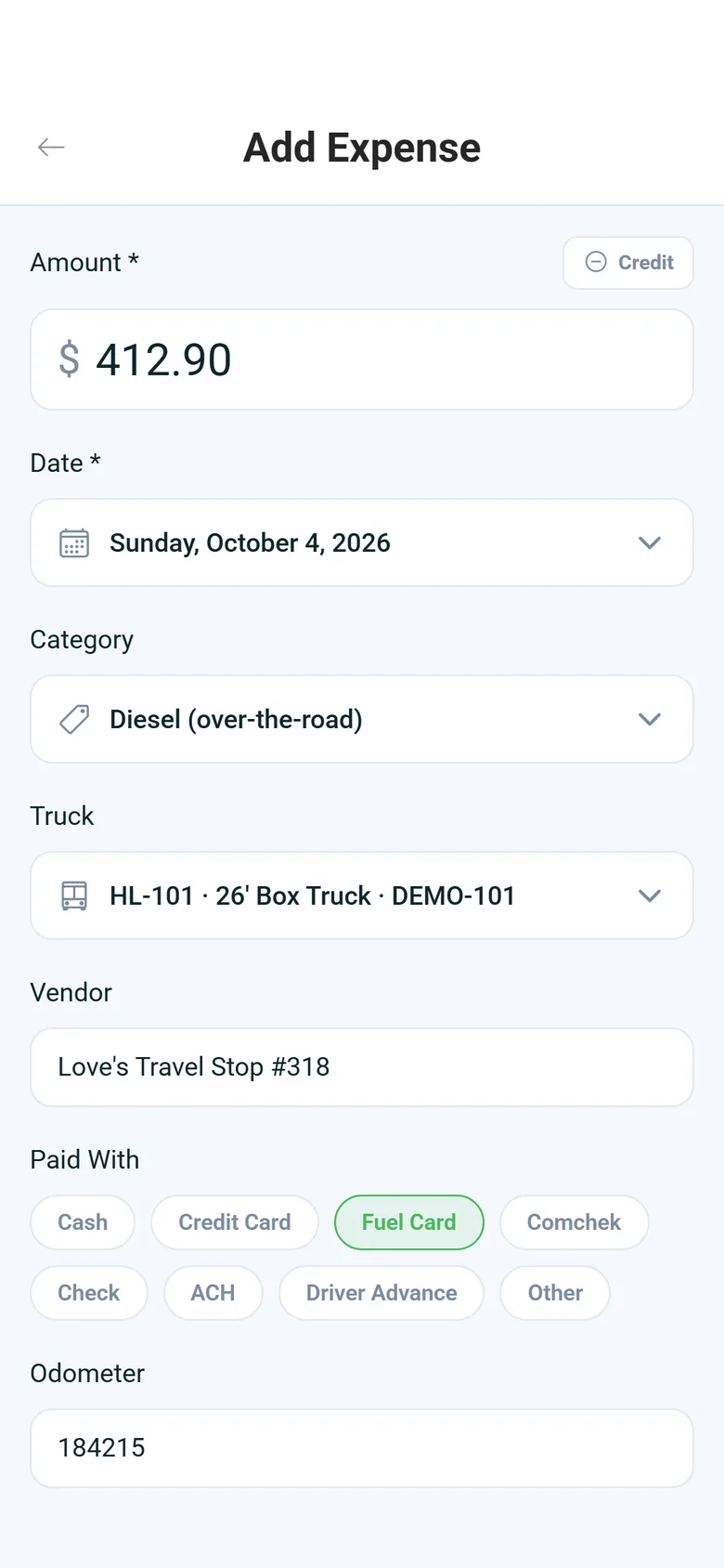 Add Expense in the driver app: $412.90 for Diesel (over-the-road) on October 4, 2026, truck HL-101, vendor Love's Travel Stop #318, Paid With Fuel Card selected, and the odometer reading
