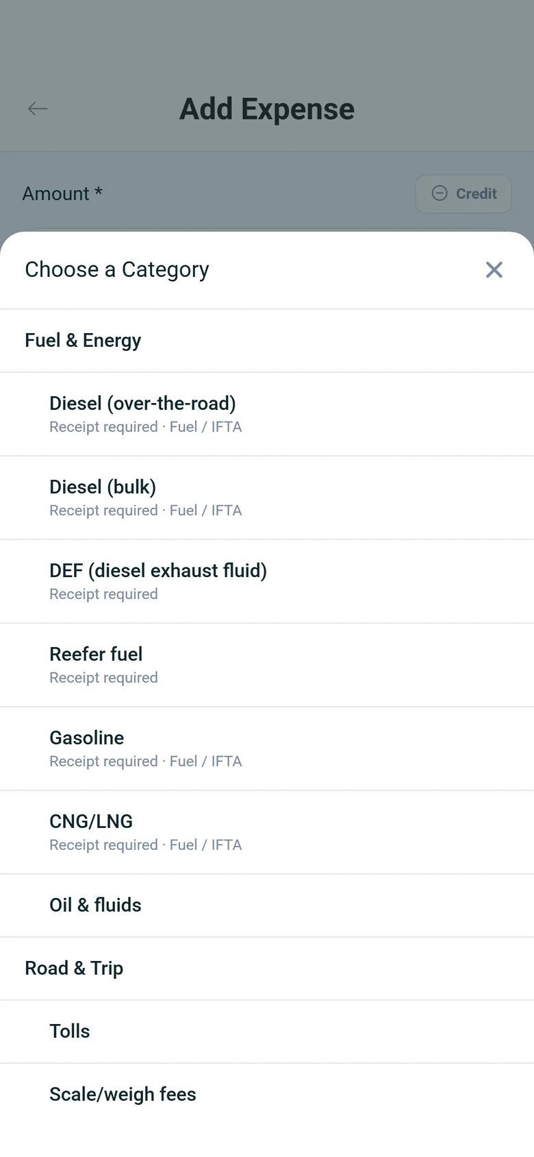 Choose a Category sheet in the driver app with Fuel & Energy categories such as Diesel (over-the-road), DEF and Reefer fuel, each marked Receipt required and, where it applies, Fuel / IFTA