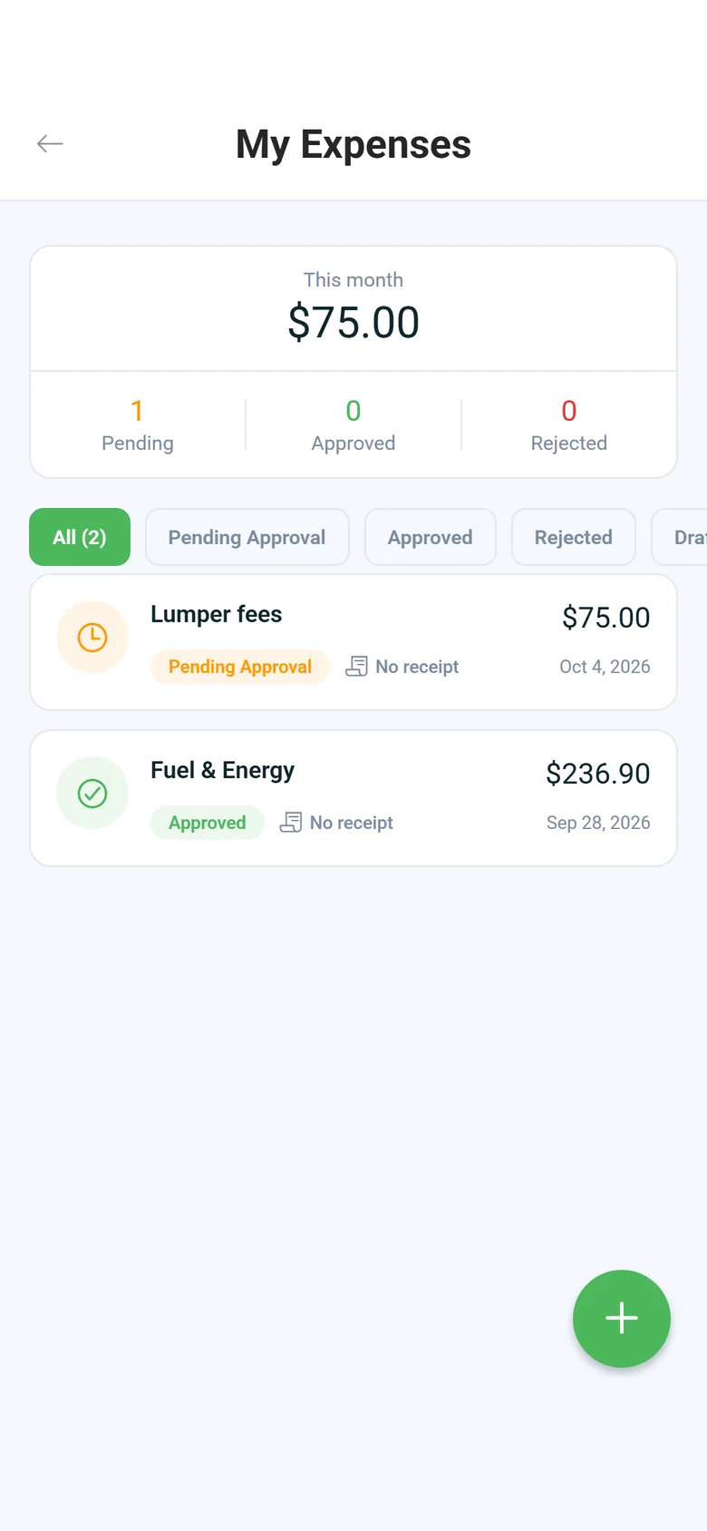My Expenses screen in the driver app with this month's total, pending, approved and rejected counts, status filters and two expenses