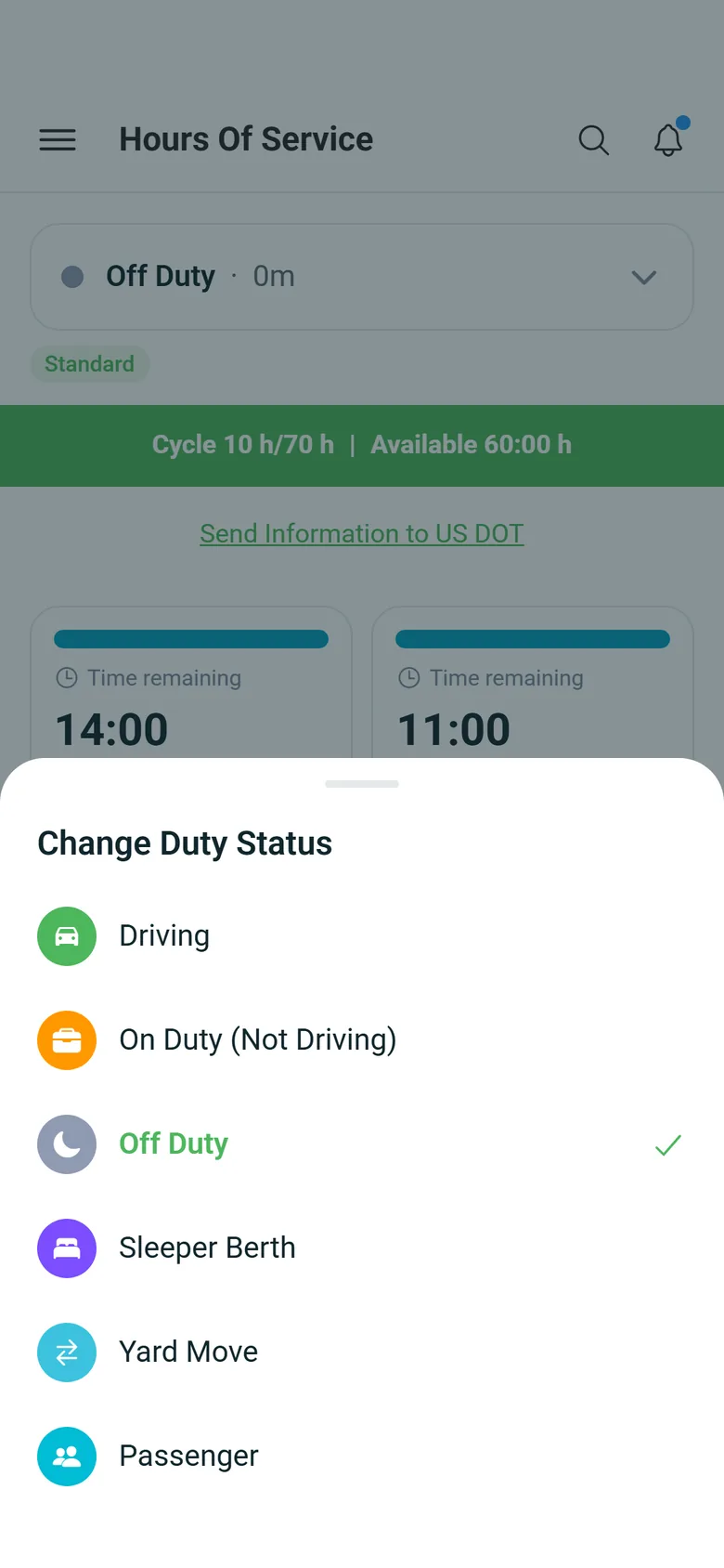 The Change Duty Status sheet on the HOS tab of the RushHour driver app: Driving, On Duty (Not Driving), Off Duty (selected), Sleeper Berth, Yard Move and Passenger