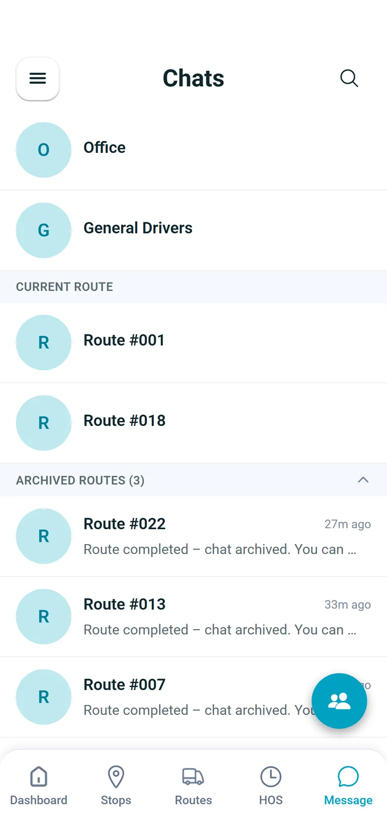 Chats list in the RushHour driver app, with Office, General Drivers, two current route chats and three archived chats from completed routes