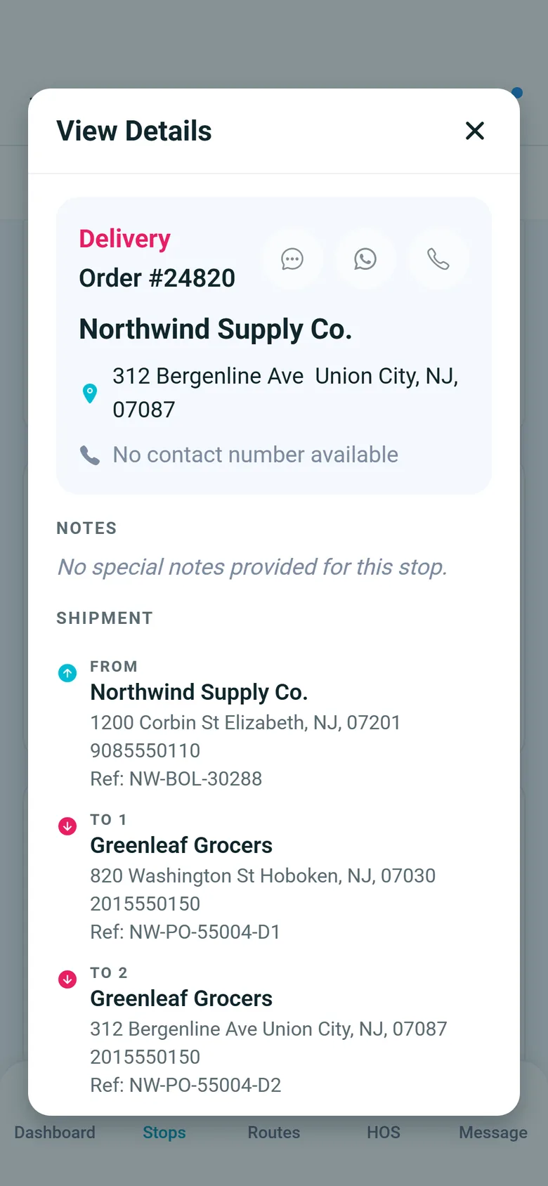 RushHour Drivers app View Details sheet for a delivery on order #24820, listing the shipment's pickup and two deliveries, each with its reference number