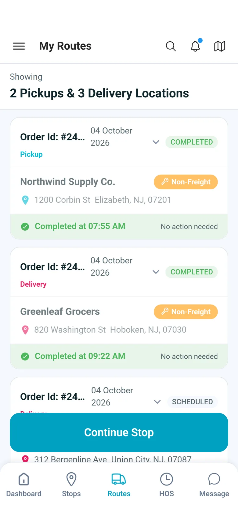 My Routes in the RushHour driver app: 2 pickups and 3 delivery locations, two completed stops with their completion times and a Continue Stop button