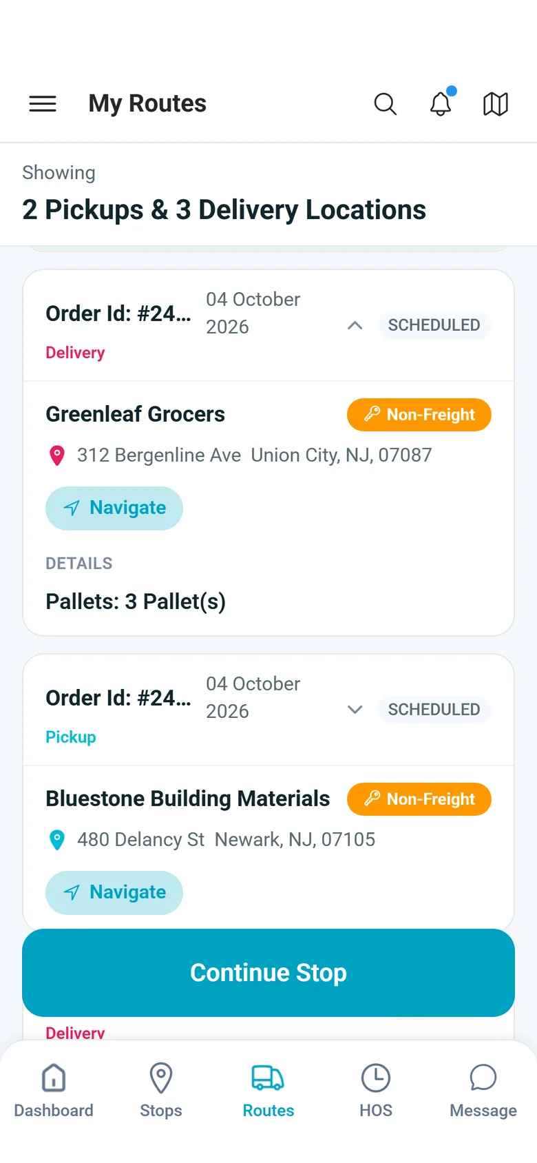 My Routes in the driver app showing 2 pickups and 3 delivery locations, scheduled stops with addresses, Navigate buttons and pallet details