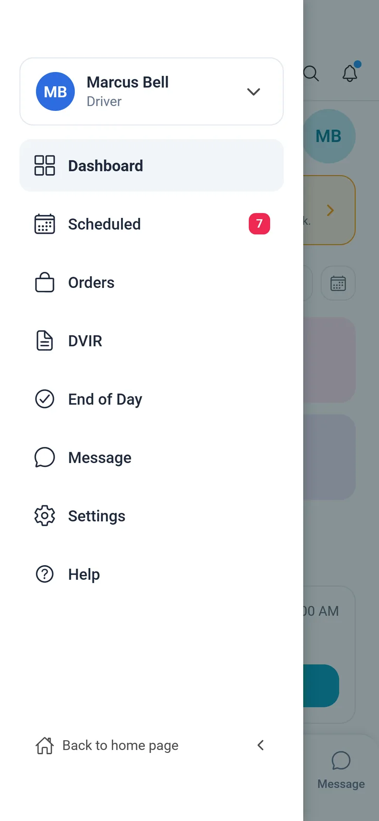 Side menu of the RushHour driver app with Dashboard, Scheduled, Orders, DVIR, End of Day, Message, Settings and Help