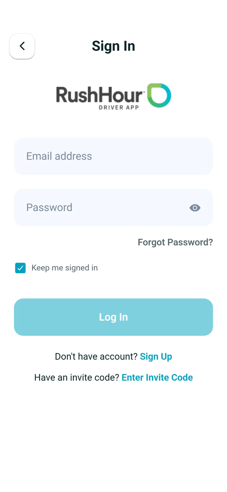 Sign In screen of the RushHour driver app: email and password fields, Forgot Password?, Keep me signed in ticked, Log In, Sign Up and Enter Invite Code