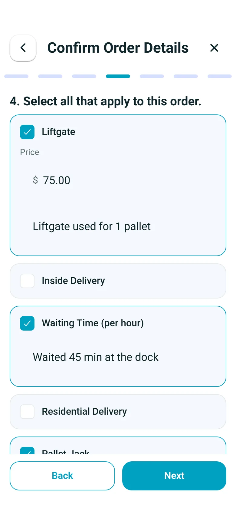 RushHour driver app stop step 4, Select all that apply to this order, with Liftgate at $75.00 and Waiting Time ticked, each with a note
