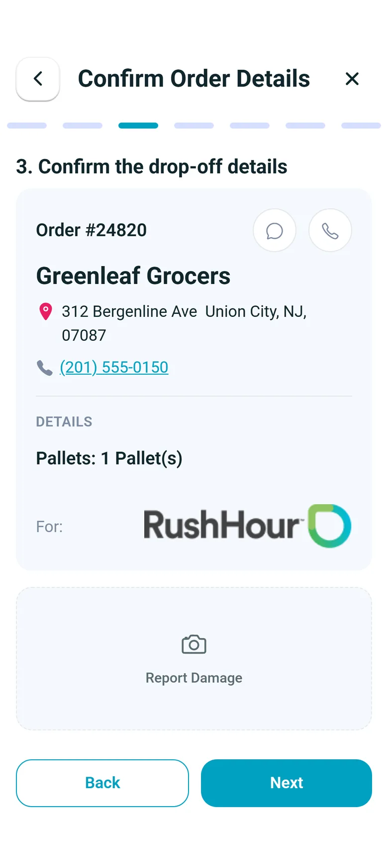 Step 3 of a delivery in the driver app, Confirm the drop-off details, with the order #24820 card for Greenleaf Grocers and a Report Damage photo tile