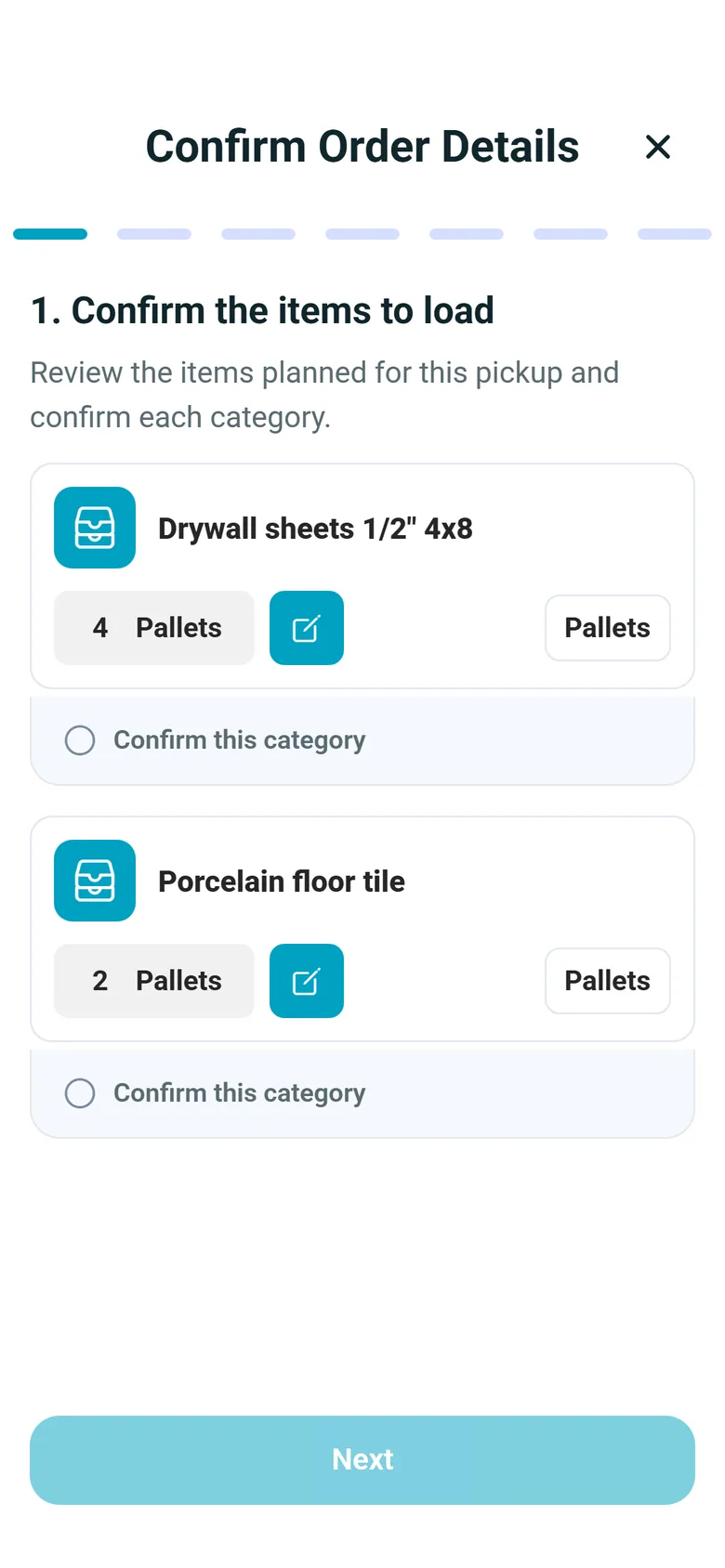 Step 1 of a pickup in the driver app, Confirm the items to load: drywall sheets on 4 pallets and porcelain floor tile on 2 pallets, each with an edit button and a Confirm this category option