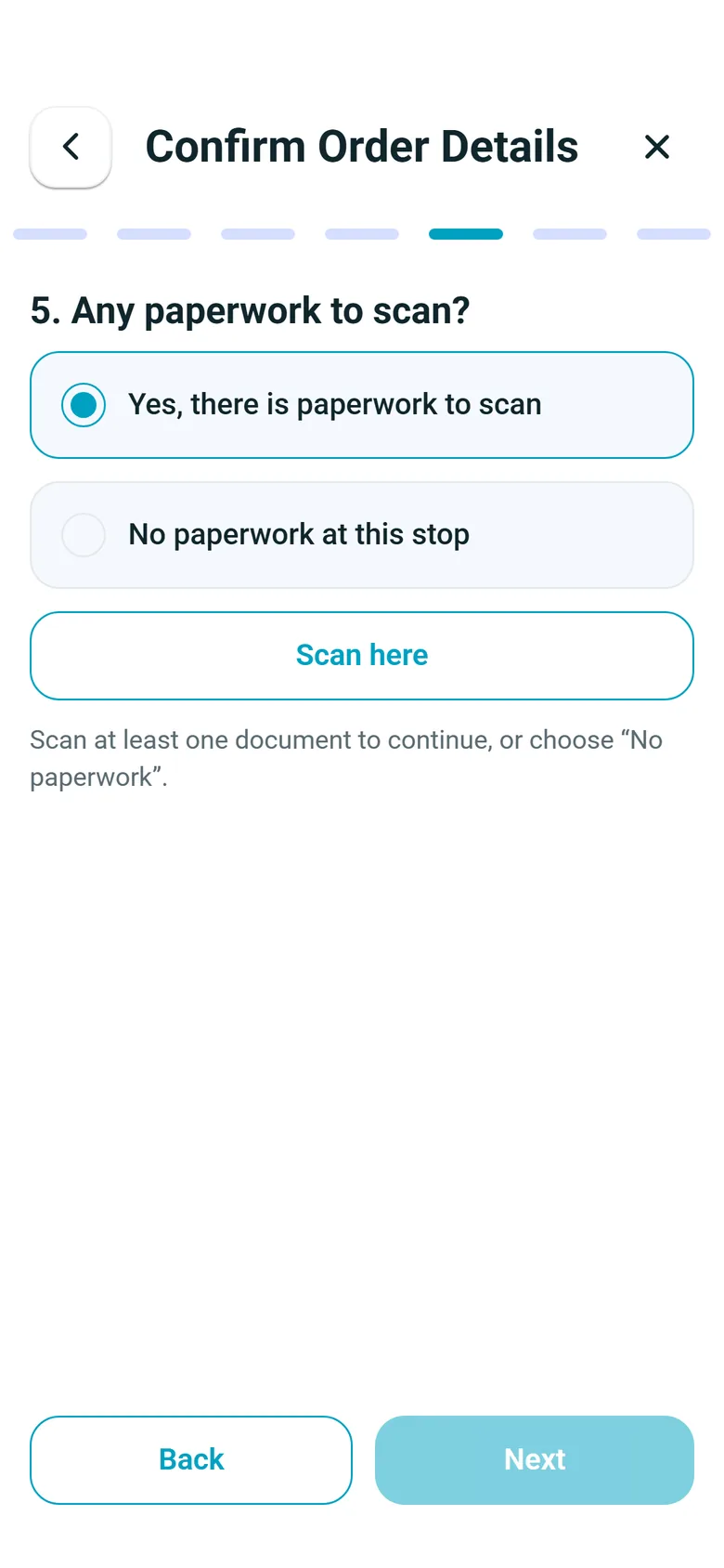 Driver app stop step 5, Any paperwork to scan?, with Yes, there is paperwork to scan selected and a Scan here button