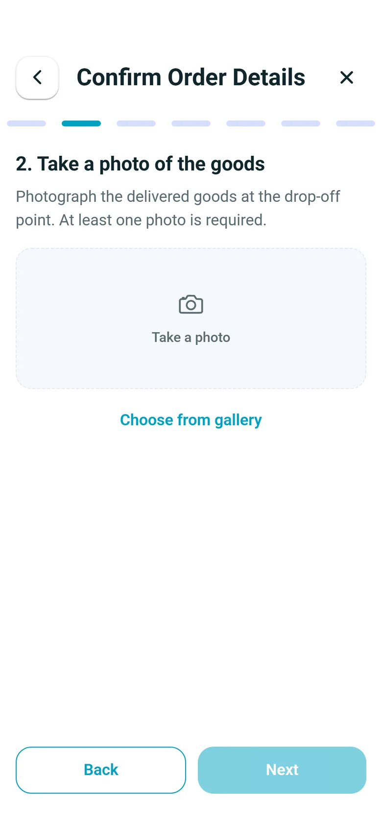 RushHour driver app stop step 2, Take a photo of the goods, with Take a photo and Choose from gallery