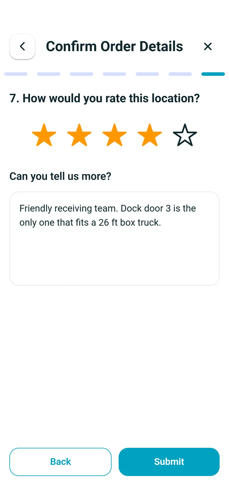 Step 7, How would you rate this location?, with four of five stars and feedback about the receiving team and dock door 3