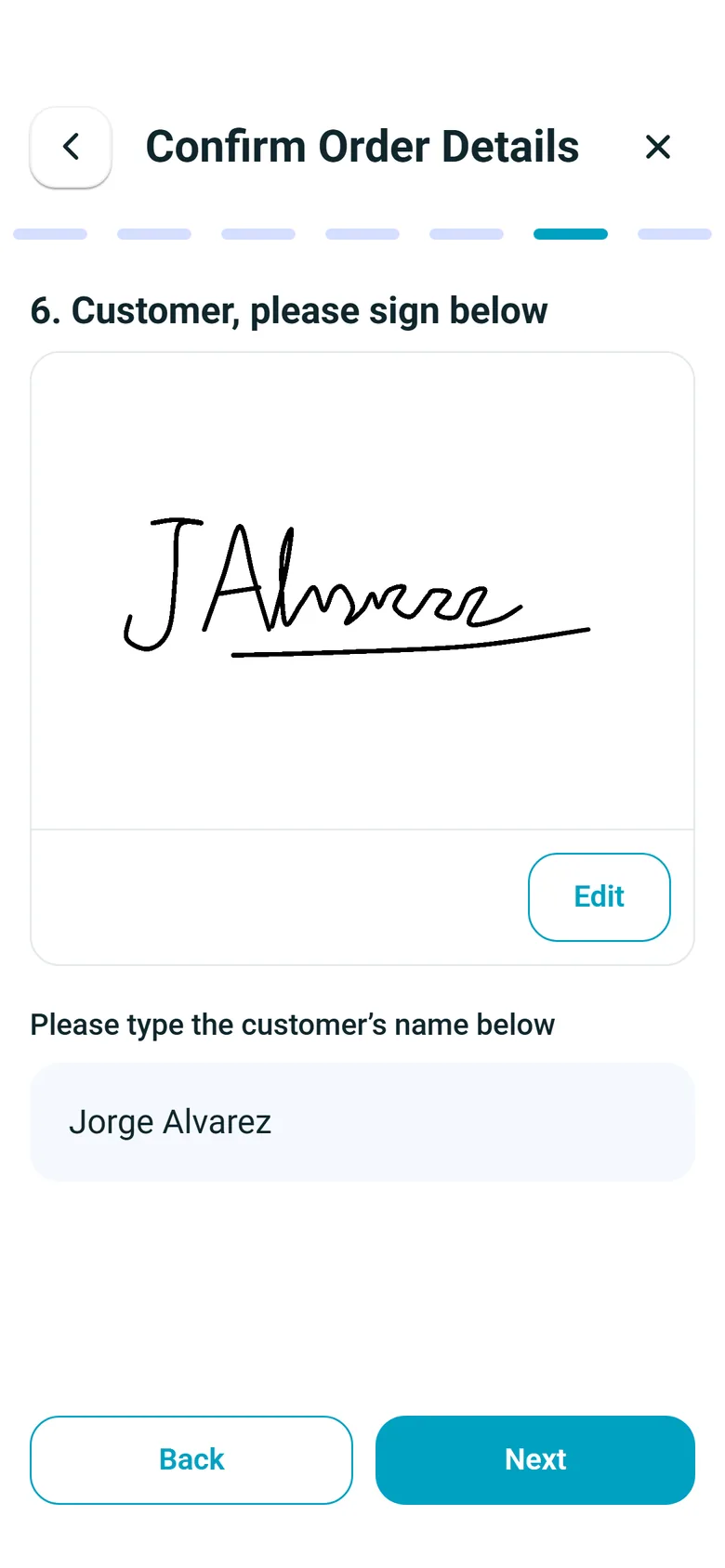 Customer signature step in the RushHour driver app, with a drawn signature and the receiver's typed name