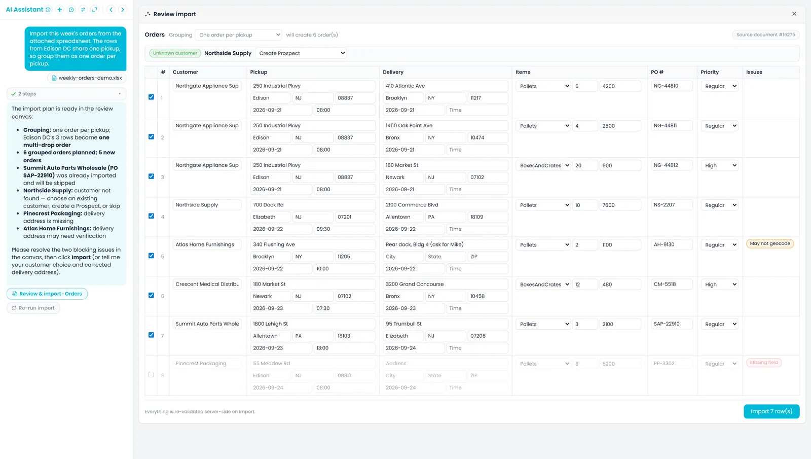 RushHour import review for a customer's order sheet: rows with pickup, delivery, items, PO number and priority, one customer still to match, and an Import button