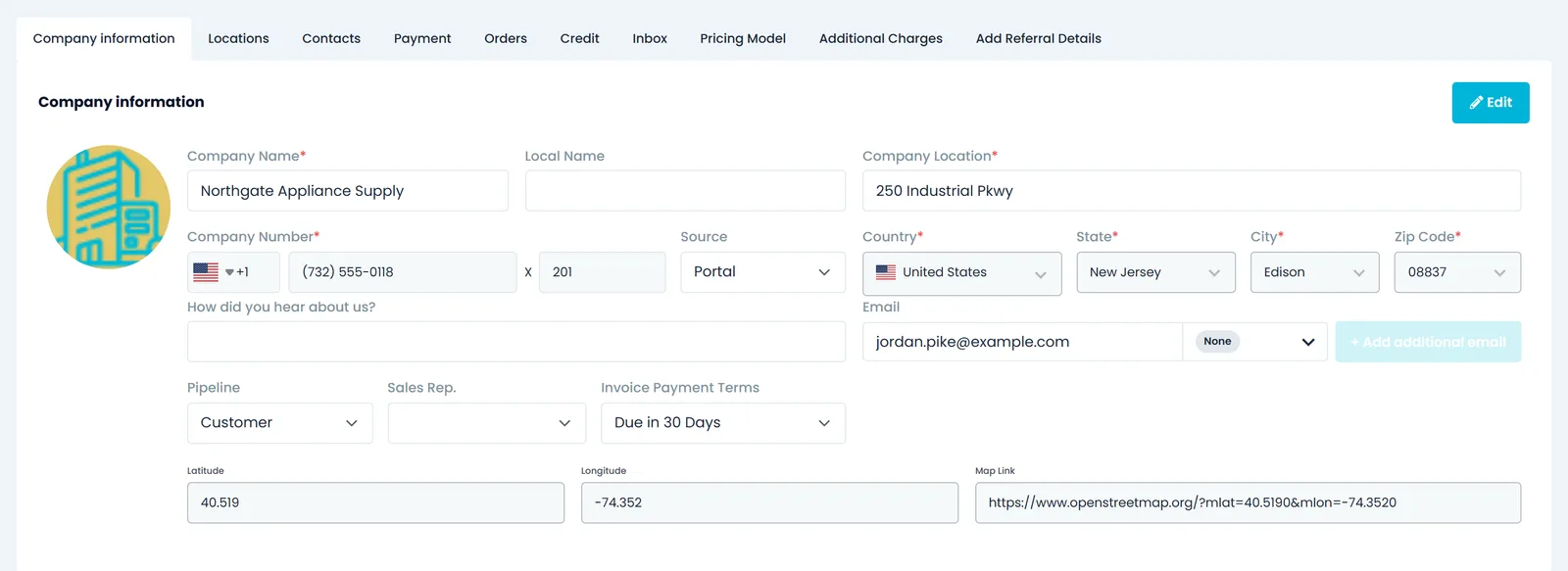 A customer account in the RushHour Company Portal with the Company information, Locations, Contacts, Payment, Orders, Credit, Inbox, Pricing Model and Additional Charges tabs