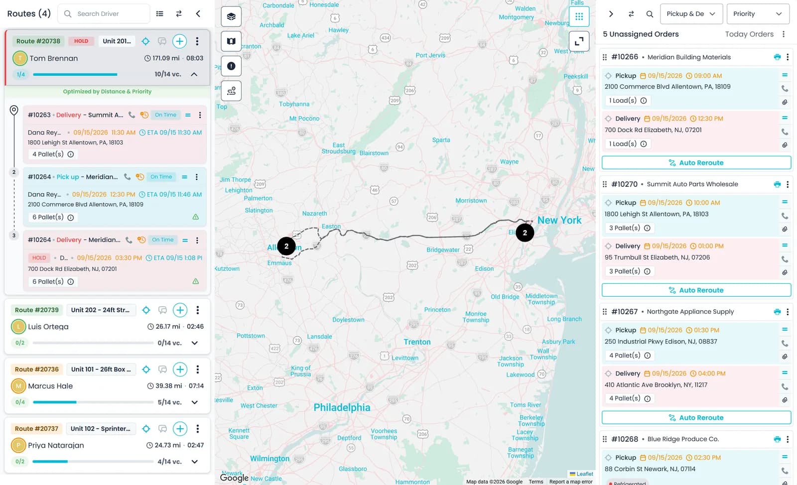 RushHour dispatch board with route cards, the map and the unassigned orders panel