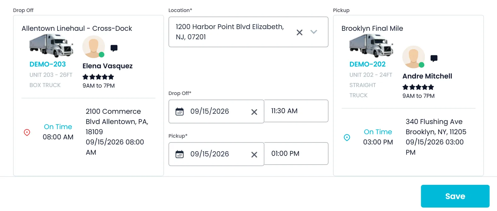 The Assign Transfer dialog on the RushHour dispatch board, pairing a drop-off and a pick-up at a warehouse