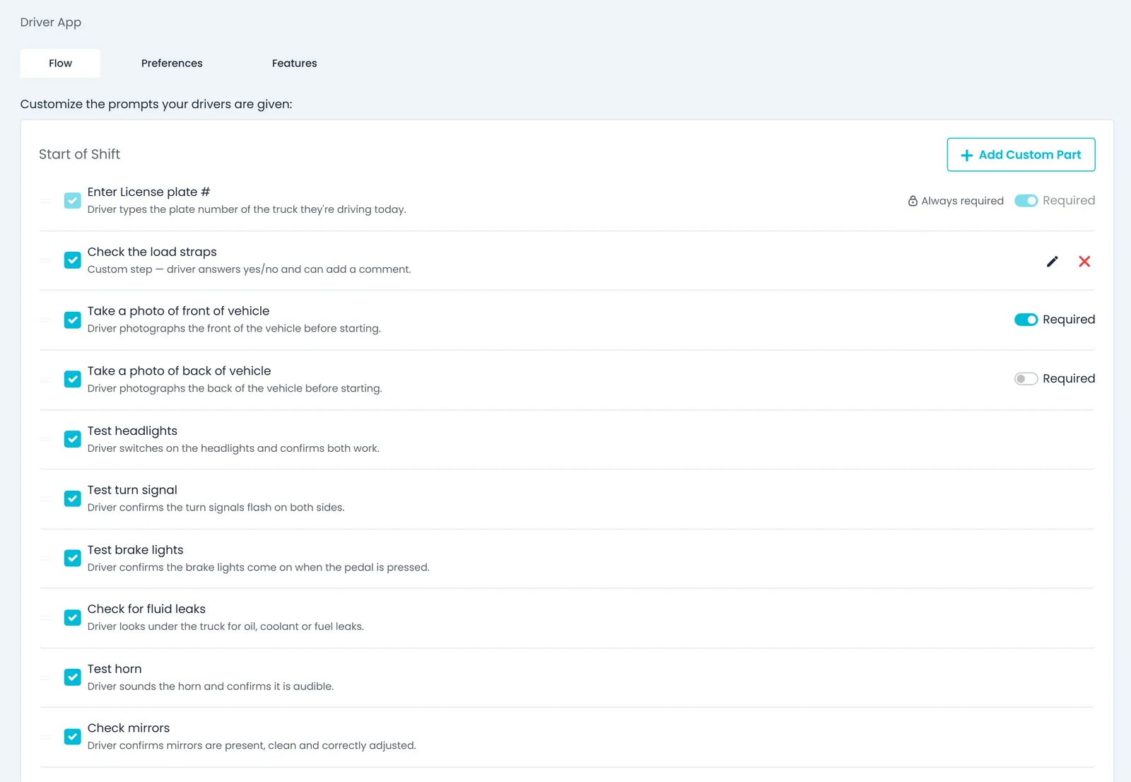Settings > Driver App > Flow tab in the RushHour Company Portal, with the start-of-shift inspection prompts, required switches and a custom 'Check the load straps' step