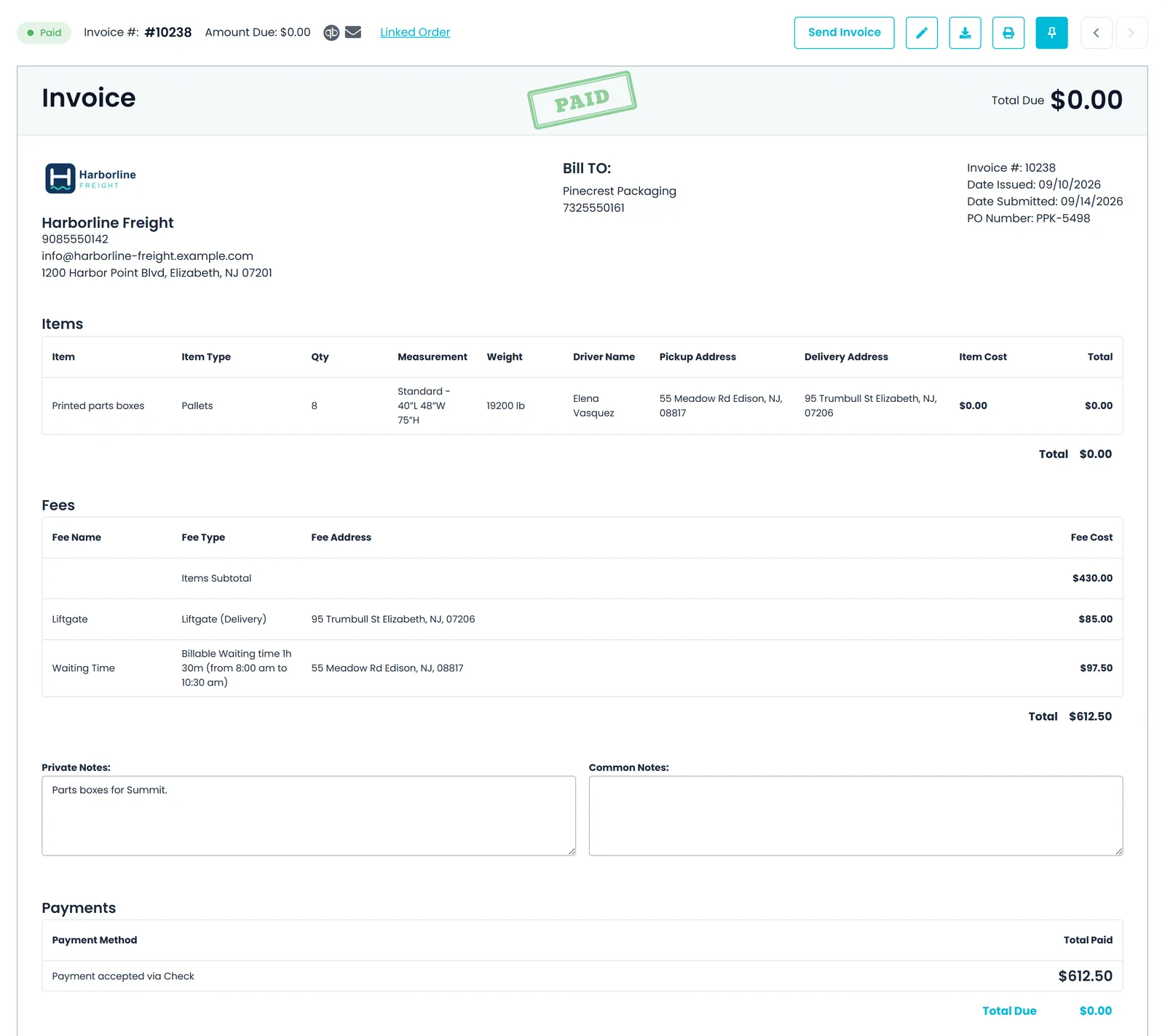 A paid RushHour invoice with an items subtotal, a liftgate charge at the delivery stop, a billable waiting-time line and a check payment