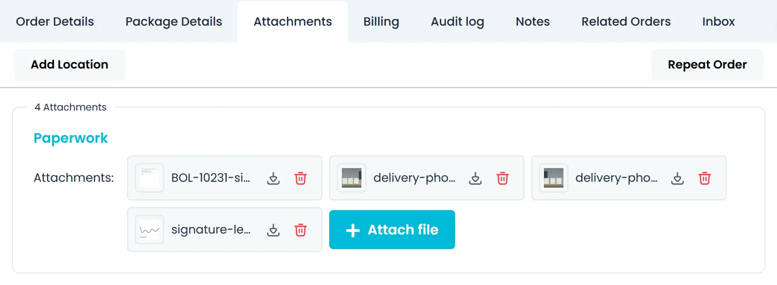 Order attachments in RushHour showing delivery photos, the receiver's signature and a scanned BOL