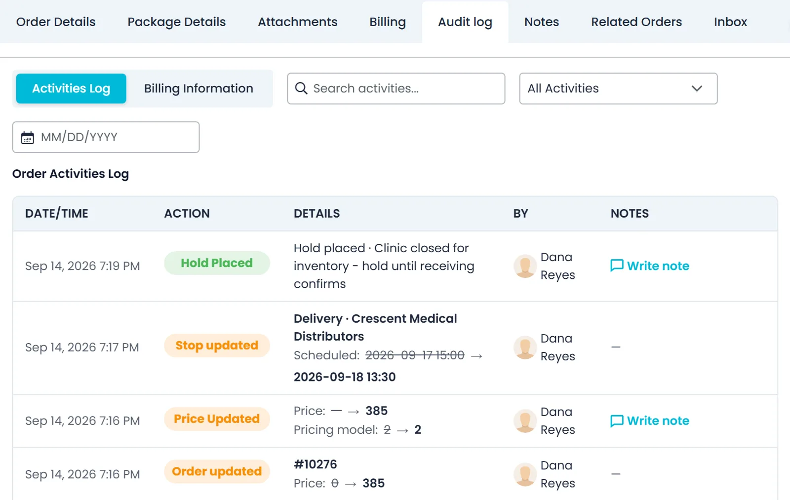 An order's Audit log tab in the Company Portal: a hold placed, a stop time changed and a price set, each with the name of the user who made the change