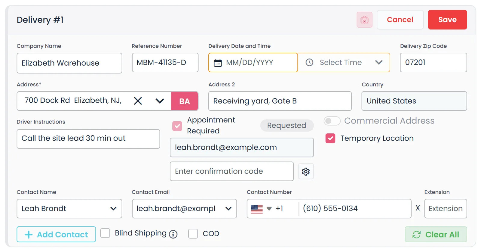 A delivery stop form in RushHour: company name, reference number, delivery date and time, address, driver instructions, Appointment Required marked Requested with the appointment email and the confirmation code field, and the stop contact