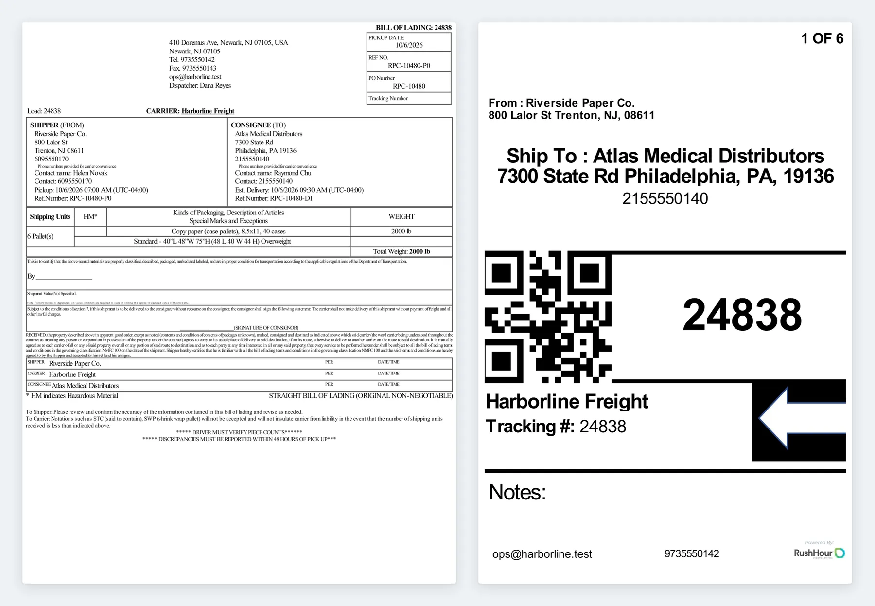 A RushHour bill of lading next to pallet label 1 of 6 with a QR code, the ship-to address and the tracking number