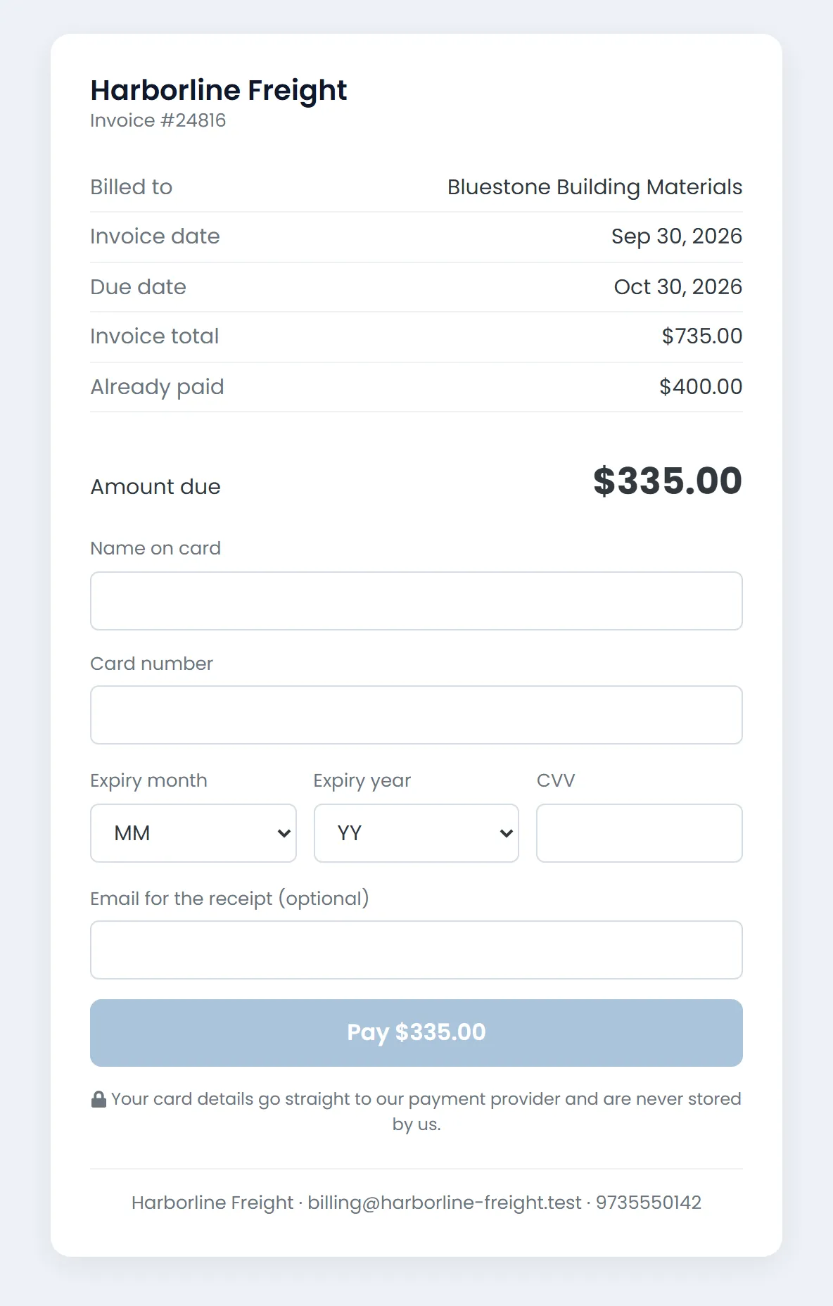 Invoice payment page opened from a pay link: company name, invoice number, billed-to customer, invoice and due dates, invoice total, amount already paid, amount due and the card form